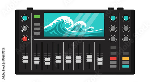 Digital Audio Mixer with Dynamic Ocean Wave Display - Modern Sound Engineering Console for Creative Music Production and Acoustic Management