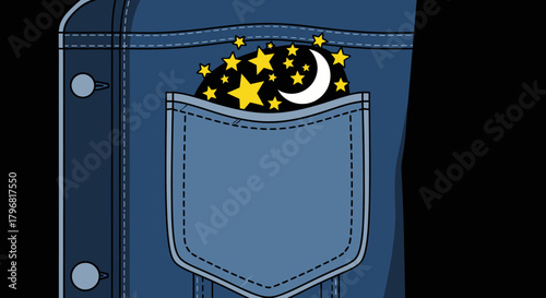 A pocketful of dreams featuring a starry night sky with a crescent moon peeking out of a blue denim jeans pocket illustration