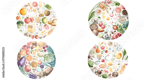 Watercolor food circles featuring assorted fruits and vegetables in bright seasonal colors—perfect for healthy diet infographics, menus, posters, and kitchen-themed designs.