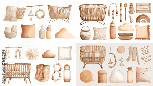 Neutral boho nursery watercolor clipart featuring rattan furniture, bottles, mobiles, pillows, and decor in warm beige and terracotta tones—ideal for baby branding, wall art, and printables.