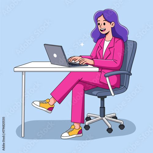 Happy cartoon professional woman in pink suit working on laptop at a desk against blue background.
