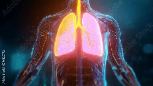 This visuals highlight the human respiratory system, showcasing the lungs and airway structures in detail during an educational overview