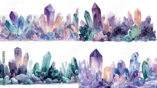 Ethereal watercolor crystal borders with amethyst and quartz clusters in soft purple, teal, and pastel hues. Perfect for elegant invitations, branding, and decorative design.