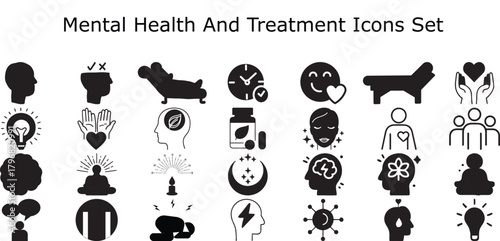 Mental Health And Treatment Icons Set Line Vector Pack Therapy Psychology Depression Anxiety Brain Therapy Session Counseling Support Wellness Glyphs Editable Stroke