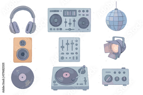 Music equipment and party items arranged in a creative layout with vibrant colors and unique designs