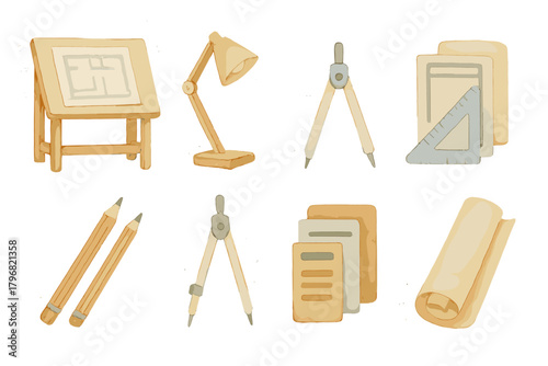 Creative workspace tools for architectural design including drawing board and drafting supplies