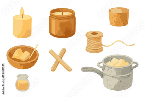 Various kitchen items and supplies for candle making and cooking displayed on a white background