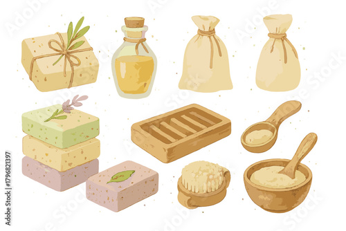 Colorful soap bars and natural ingredients displayed on a white background for a homemade soap-making project