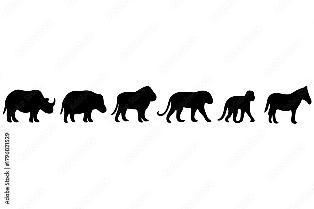 Naklejka premium Silhouettes of various animals in a row depicting the diversity of wildlife in a simple yet striking design