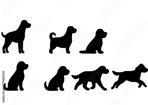Silhouettes of various dog breeds in playful poses against a white background