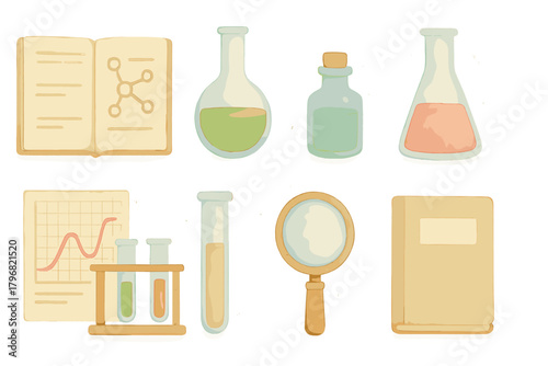 Science tools and materials displayed in a colorful illustration with lab equipment and study materials