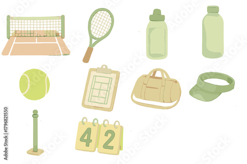 Tennis equipment and accessories laid out for practice or a friendly match outdoors