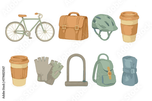Essential items for a bike ride including a bicycle, helmet, coffee cups, and gloves displayed in a creative arrangement