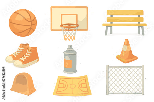 Colorful sports equipment and playground items arranged in a fun and playful manner