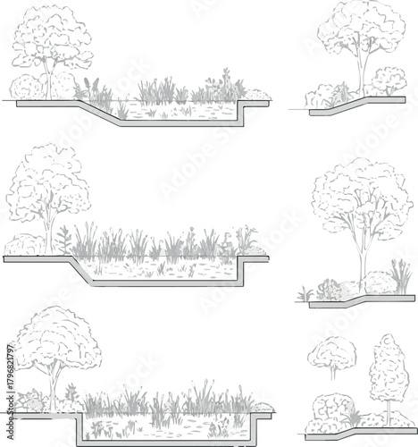 Create Architectural Drawings, Minimal style cad tree line drawing, Side view, set of section garden, wetland forest outline for landscape design drawing. Vector illustration in separate element shrub