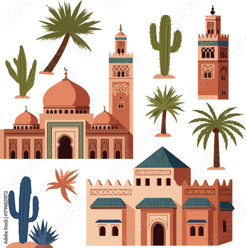 Create Architecture vector set. Morocco inspired flat illustration with mosque, tower, house, plants, palm trees. Graphic collection of earthy colored buildings clip art. Abstract Moghul design templa