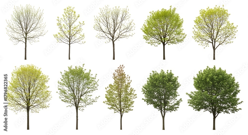 Obraz premium Isolated set of ten deciduous trees with spring foliage stages