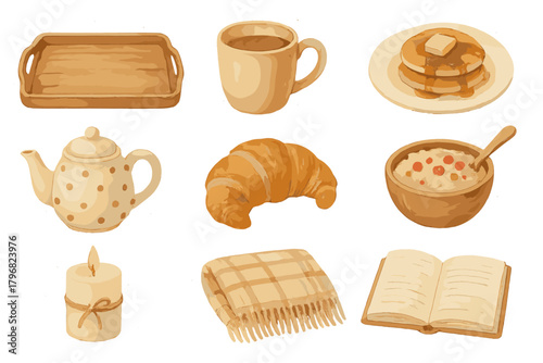 Morning breakfast scene with warm pancakes, coffee, and cozy items perfect for a relaxing start to the day