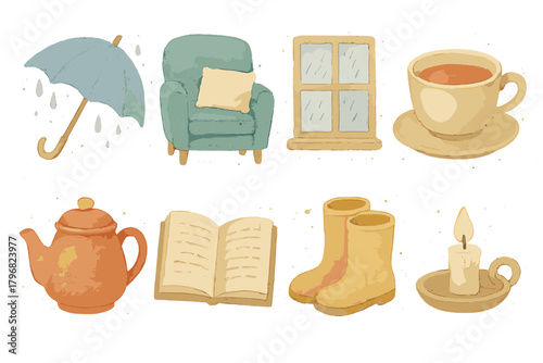Cozy indoor scene with rainy weather elements like an umbrella, hot drink, and books for a serene atmosphere