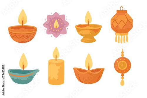 Colorful decorative oil lamps displayed for Indian festival celebration at dusk