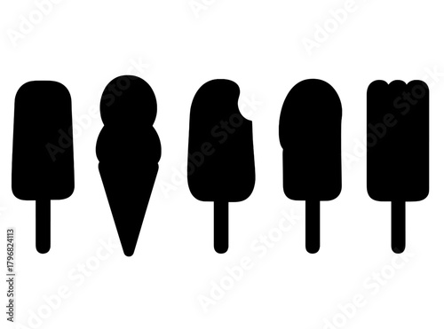 Different types of ice cream pops in simple silhouettes against a plain background