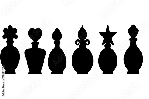 Silhouettes of various perfume bottles showcasing unique designs and shapes arranged in a line on a plain background