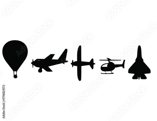 Various types of aircraft silhouettes showcasing balloon, biplane, helicopter, and fighter jet models against a plain background