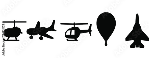 Various types of aircraft silhouettes including helicopters, planes, hot air balloon, and fighter jets