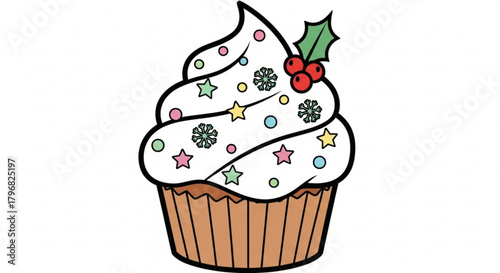 Delightful festive cupcake adorned with sparkling stars, snowflakes, and vibrant holly berries, perfect for holiday celebrations and sweet treats.