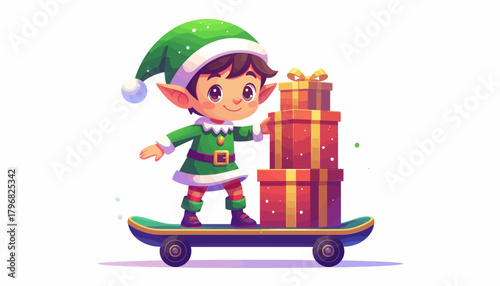 Festive Fun Elf on Skateboard Delivering Christmas Gifts