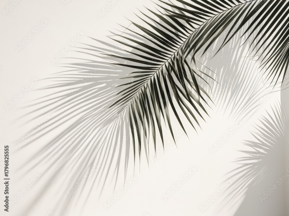 Obraz premium Elegant Palm Leaf Shadow Silhouette on White Background - Minimalist Photography Stock Image