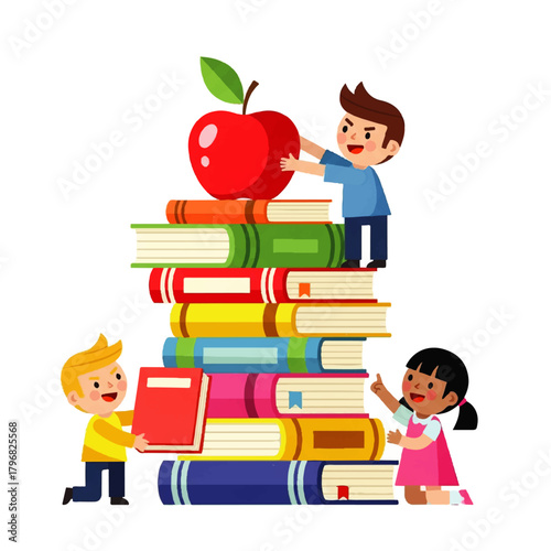 Children standing and stacking colorful books with a large red apple on top, symbolizing learning and reading.