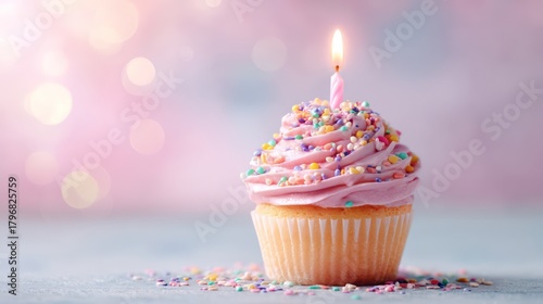 Vanilla cupcake topped with swirl of pink frosting rainbow sprinkles scattered precisely burning candle centered crisp textures captured