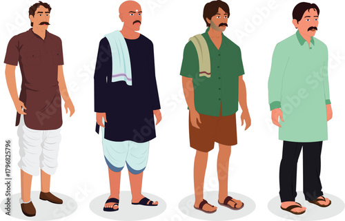 collection of indian village man in kurta lungi animation ready vector illustration