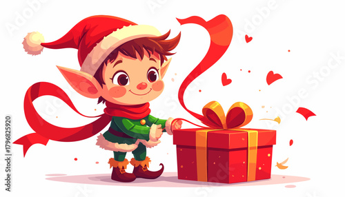 Festive Elf Unwrapping a Christmas Gift with Joyful Enthusiasm