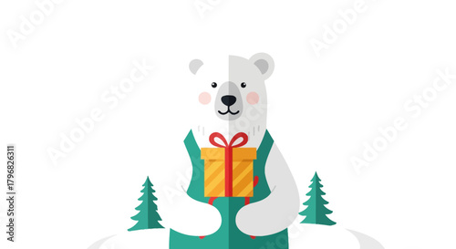 Festive Polar Bear with Gift in Winter Wonderland Flat Illustration