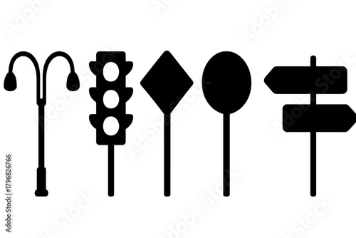 Traffic symbols and street lamps display urban navigation and safety during daylight hours