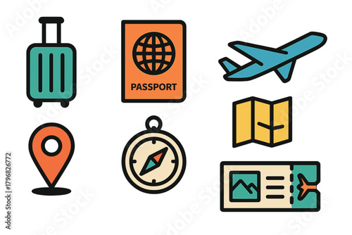 Travel essentials including suitcase, passport, plane, map, location pin, and ticket at a travel planning session