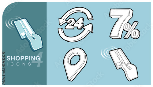 Shopping anSet of shopping and e-commerce monochrome icons. Includes symbols for contactless payment with a credit card, 24 hour service/availability 7% discount. Perfect for web, app design or advert
