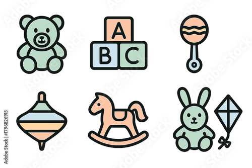 Colorful collection of children's toys including a teddy bear, blocks, and a rocking horse showcased in a playful arrangement