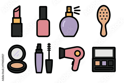 Collection of beauty products including lipsticks, nail polish, and hair tools displayed on a white background