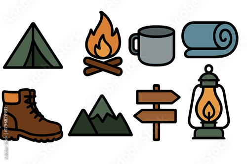 Enjoying a camping trip in the mountains with a cozy campfire and essential gear for outdoor adventure