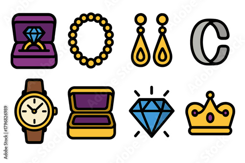 Collection of colorful jewelry and accessories including rings, necklaces, earrings, bracelets, watches, and a crown