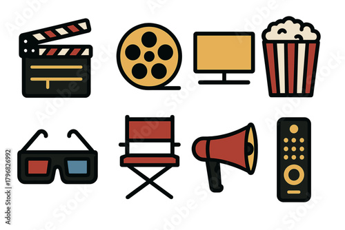 Icons representing movie entertainment, including film reel, popcorn, and director's chair for at-home viewing