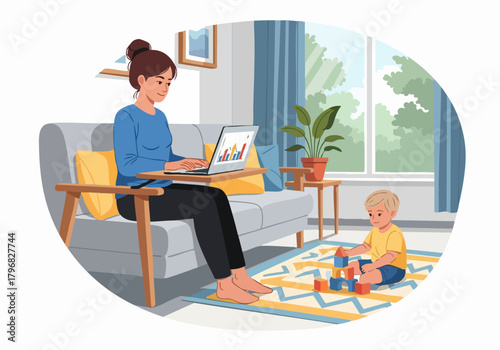 A woman working on a laptop while her child plays with blocks on a rug in a living room.