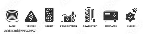 PowerGrid Solutions Icons set vector illustration glyph with Cable , Voltage, Socket, Power station, Power strip, Generator, Energy