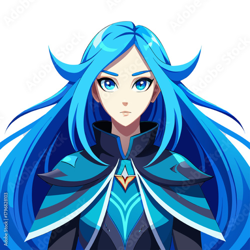 Blue dress girl illustration with beautiful fashion style cartoon face