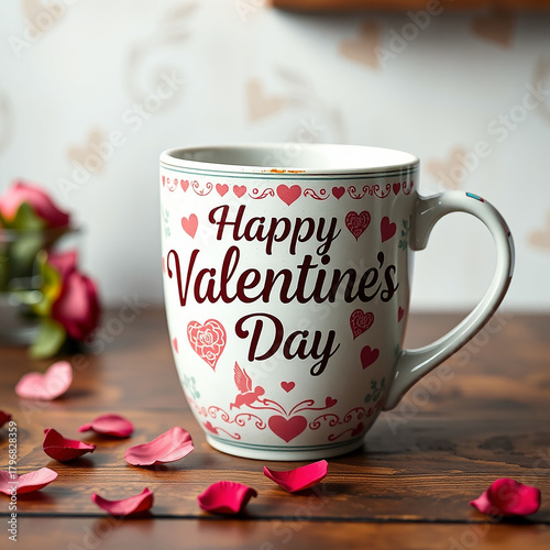 Happy Valentine's Day Ceramic Coffee Mug with Hearts Generative ai.