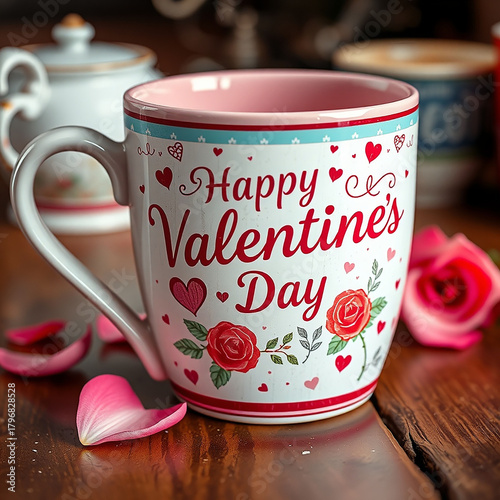 Happy Valentine's Day Ceramic Coffee Mug with Hearts Generative ai.