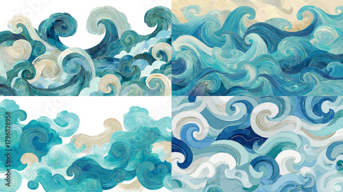 Soft watercolor ocean wave textures featuring swirling blue curls, layered foam patterns, and gentle flowing shapes in calm coastal tones.